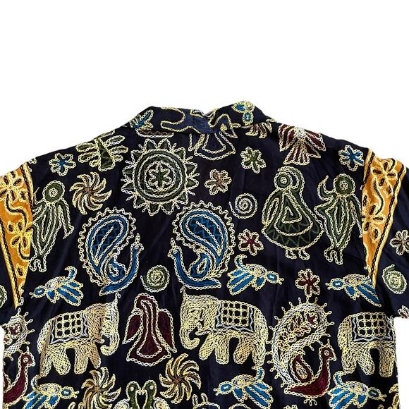 Vintage Men's L Ethnic Rayon Short Sleeve Hawaiian Shirt Mix Print Black Multi - Picture 5 of 15